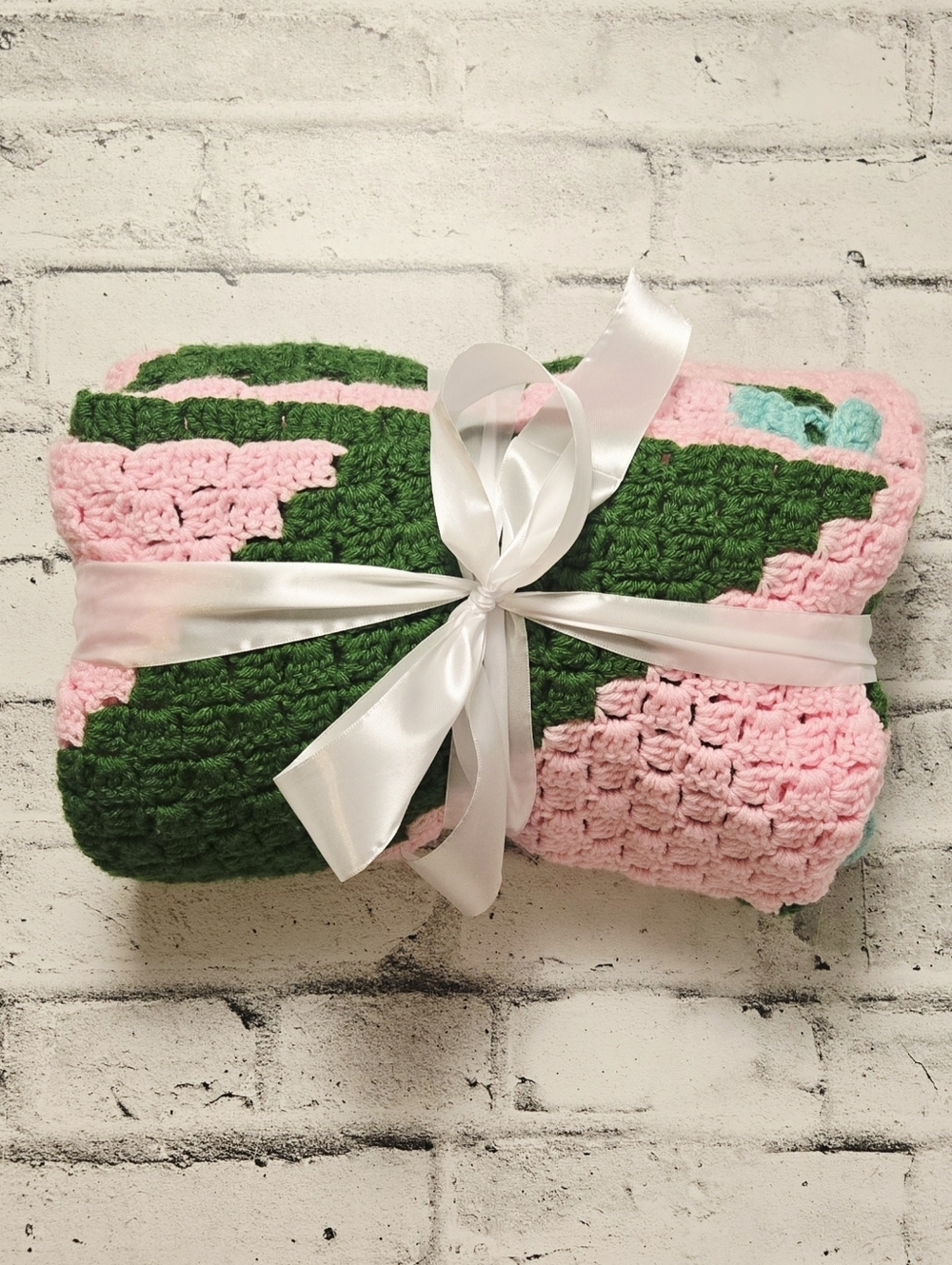 Vintage Handmade Crochet Blanket 50x70 Pink Green Afghan Throw